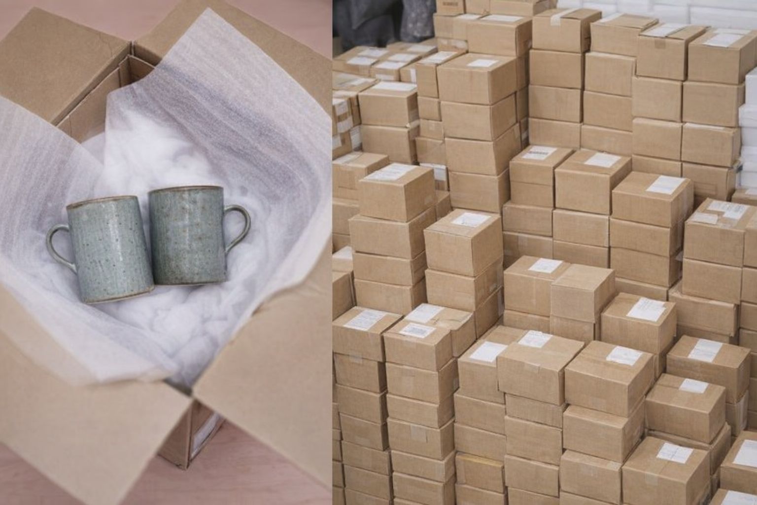 Två keramikmuggar omsorgsfullt förpackade i en kartong med skyddsmaterial.