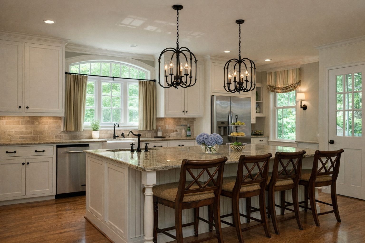 Kök i klassisk stil med svarta beslag och takkronor i smide.